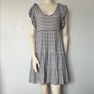 Max Studio Dress Small Navy White Striped Tie Shoulder Casual Tiered Sundress